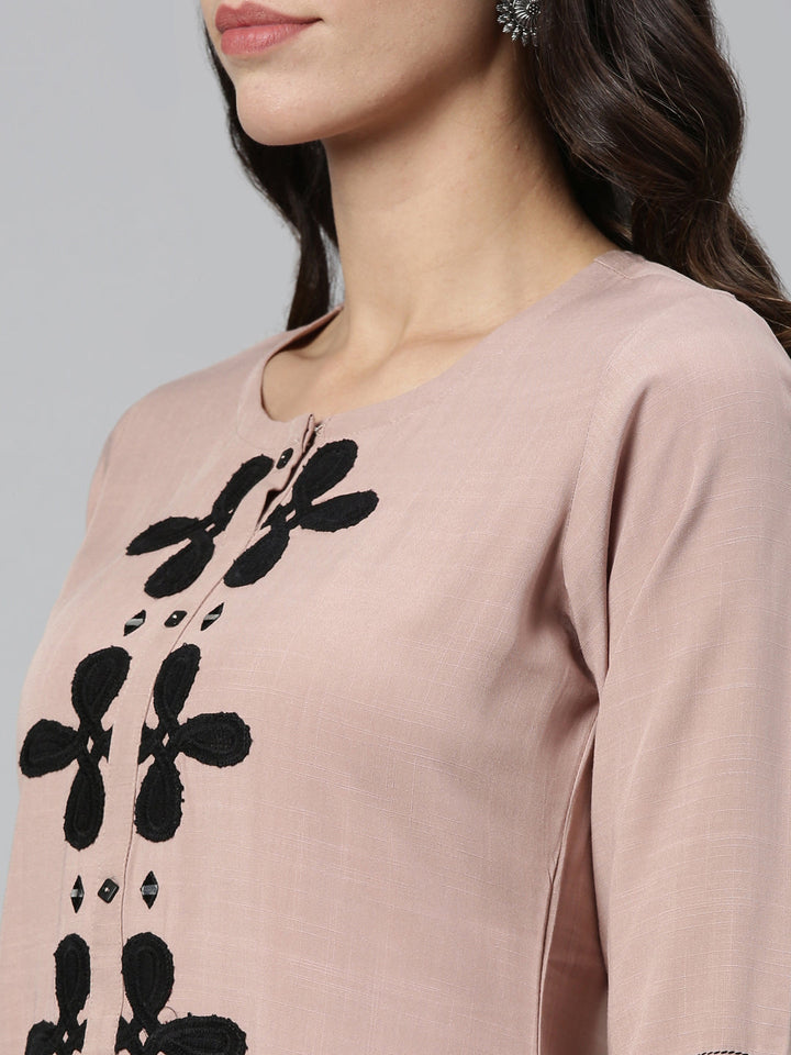 Neerus Beige rayon thread embroidered kurta - side view