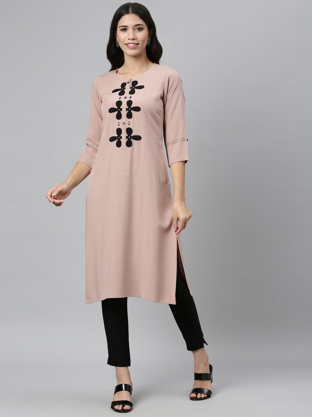 Neerus Beige rayon thread embroidered kurta - detail view 1