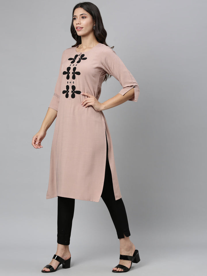 Neerus Beige rayon thread embroidered kurta - detail view 2