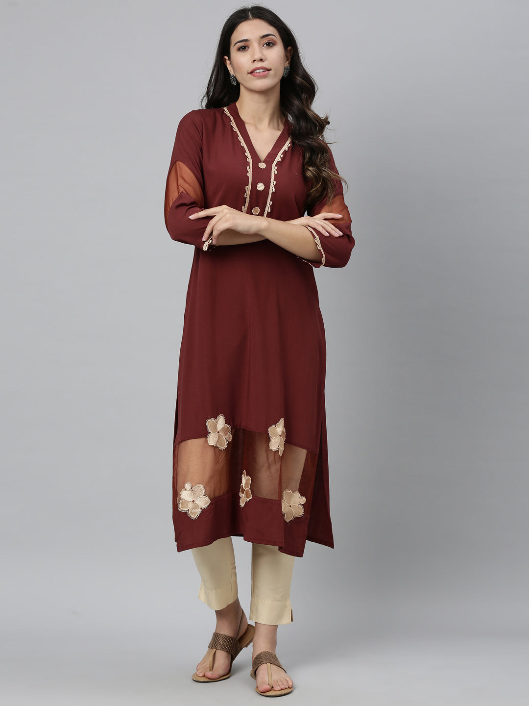 Neerus Brown viscose rayon embroidered flared kurta - detail view 5