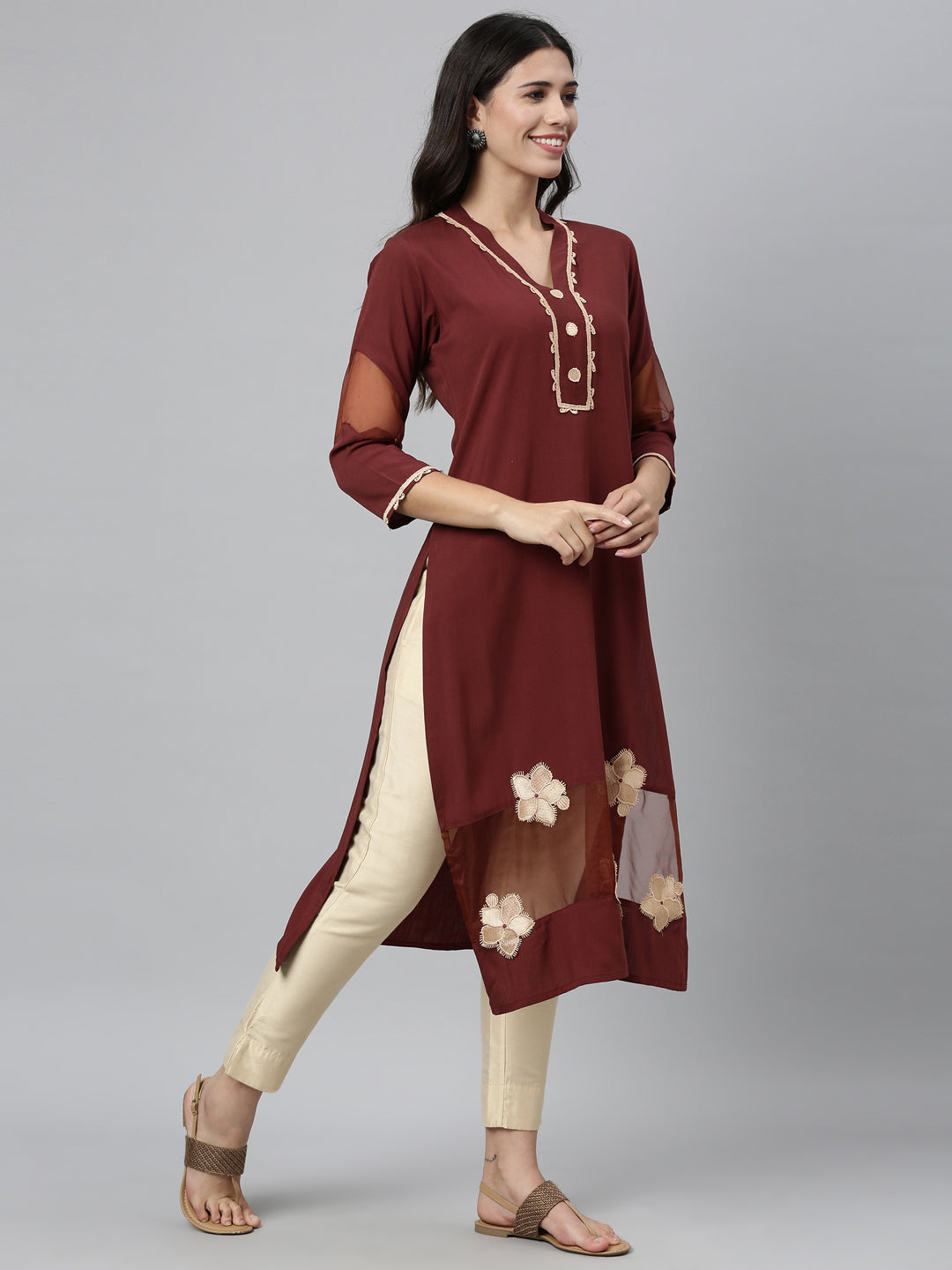 Neerus Brown viscose rayon embroidered flared kurta - front view