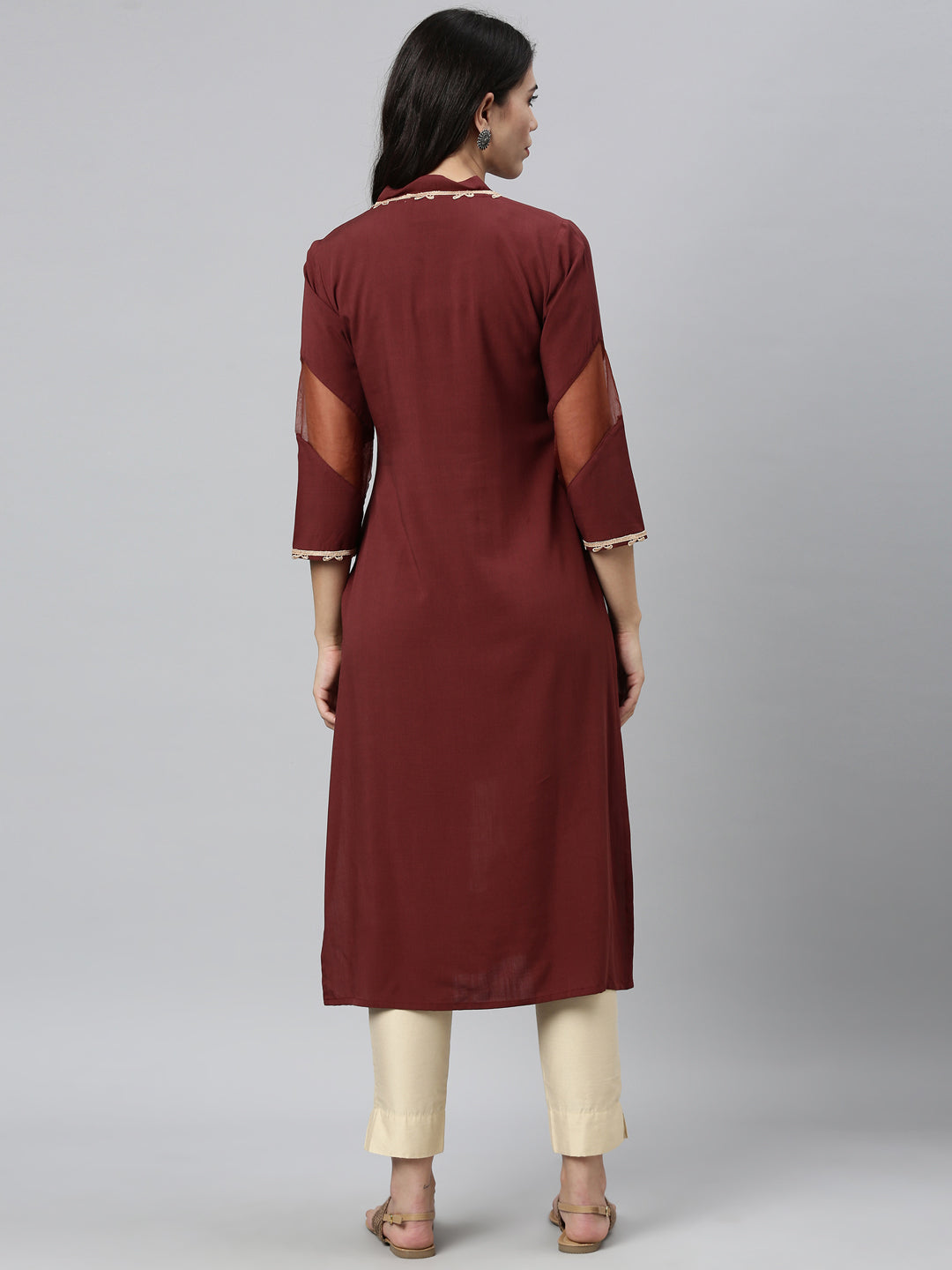 Neerus Brown viscose rayon embroidered flared kurta - back view
