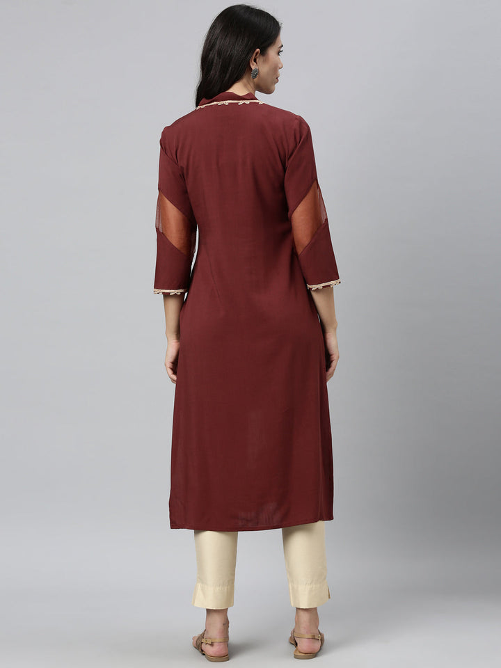 Neerus Brown viscose rayon embroidered flared kurta - back view