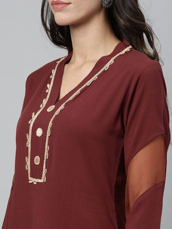 Neerus Brown viscose rayon embroidered flared kurta - side view