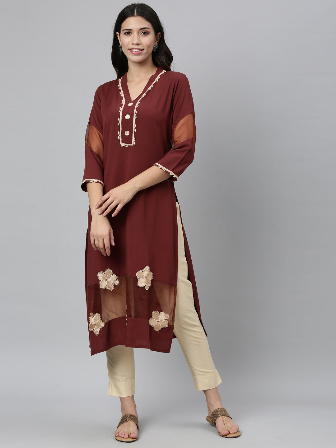 Neerus Brown viscose rayon embroidered flared kurta - detail view 1
