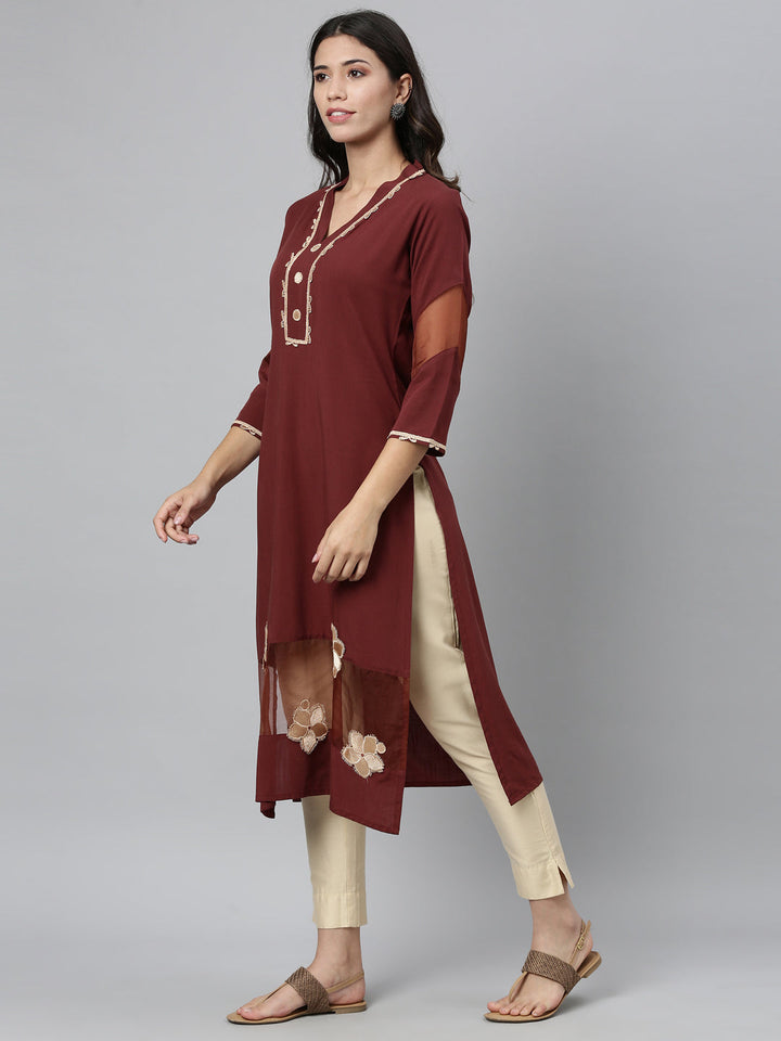 Neerus Brown viscose rayon embroidered flared kurta - detail view 2