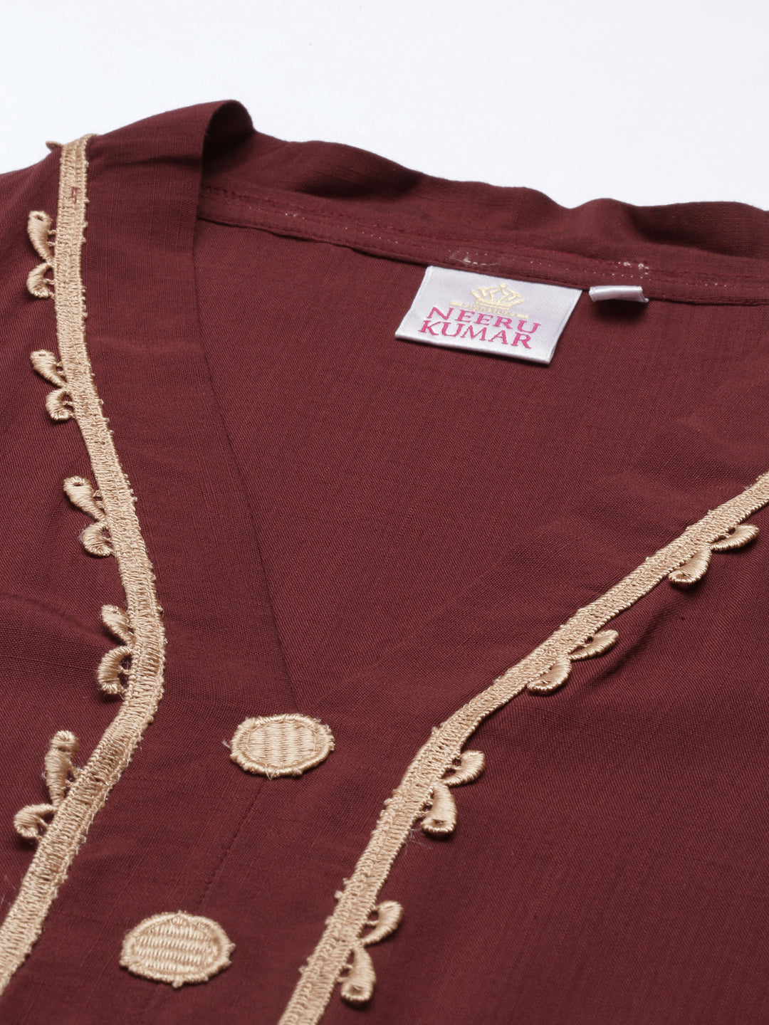 Neerus Brown viscose rayon embroidered flared kurta - detail view 3