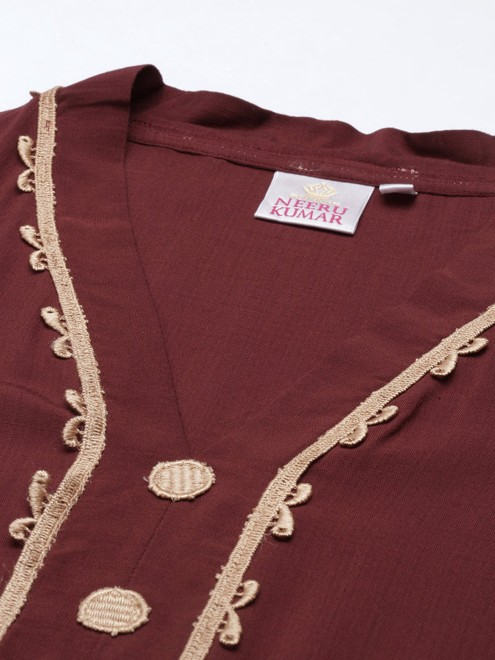 Neerus Brown viscose rayon embroidered flared kurta - detail view 3