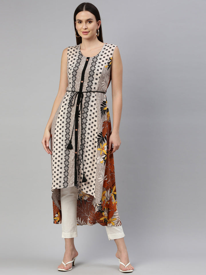 Neerus Beige rayon printed kurti - front view