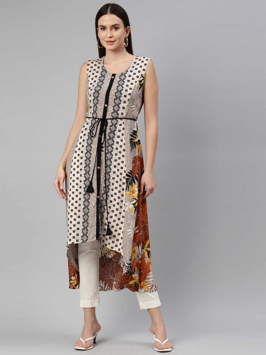 Neerus Beige rayon printed kurti - detail view 5