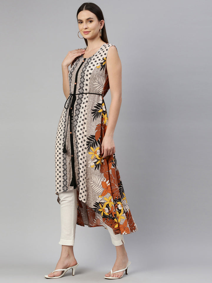Neerus Beige rayon printed kurti - side view