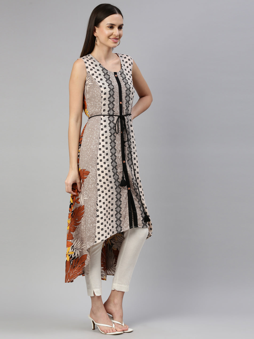 Neerus Beige rayon printed kurti - detail view 1