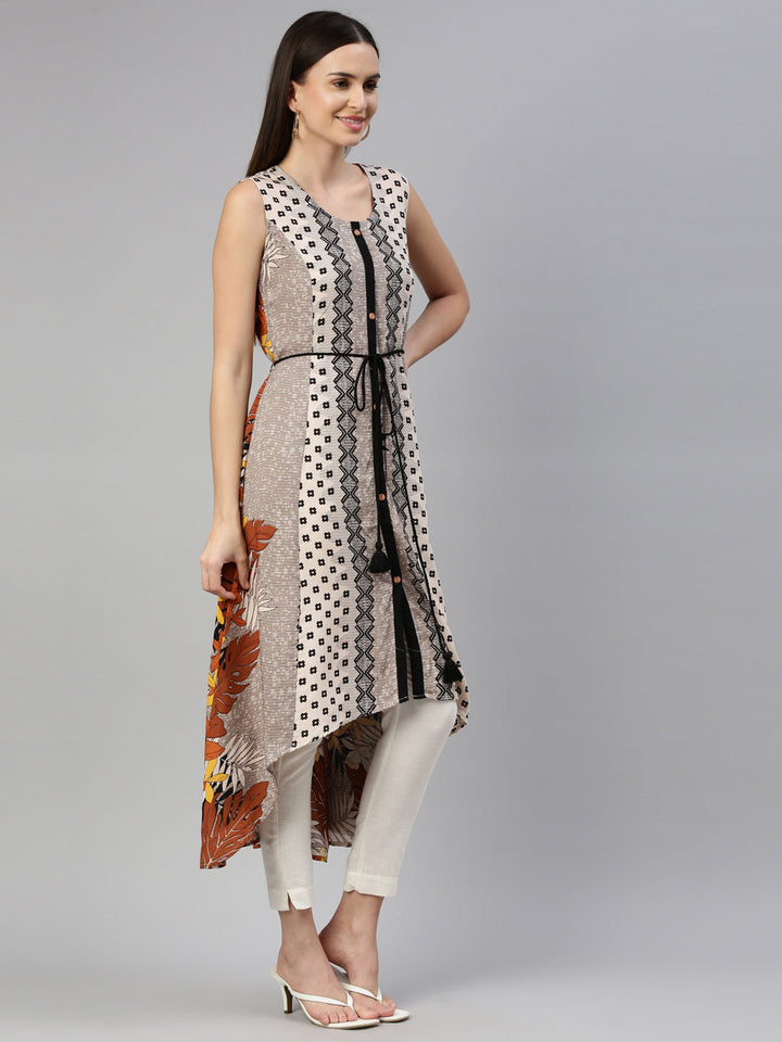 Neerus Beige rayon printed kurti - detail view 1