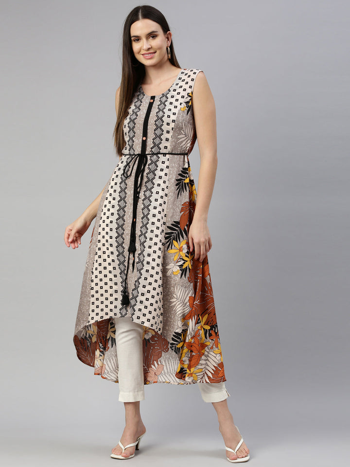Neerus Beige rayon printed kurti - detail view 3