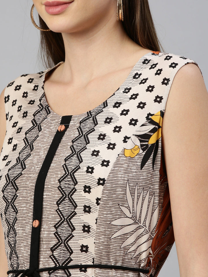 Neerus Beige rayon printed kurti - detail view 4