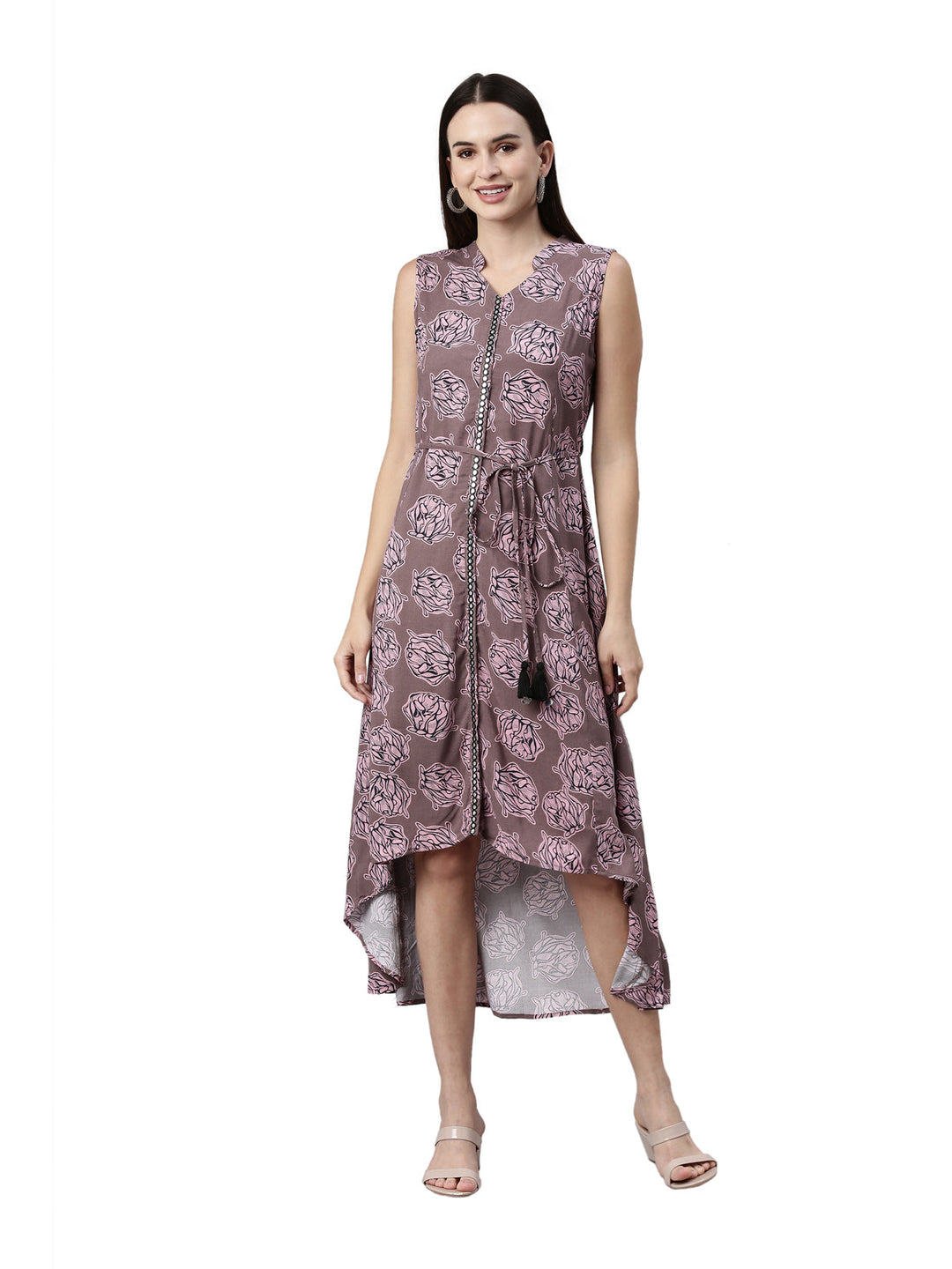 Neerus Grey rayon floral printed A-line kurti - detail view 4