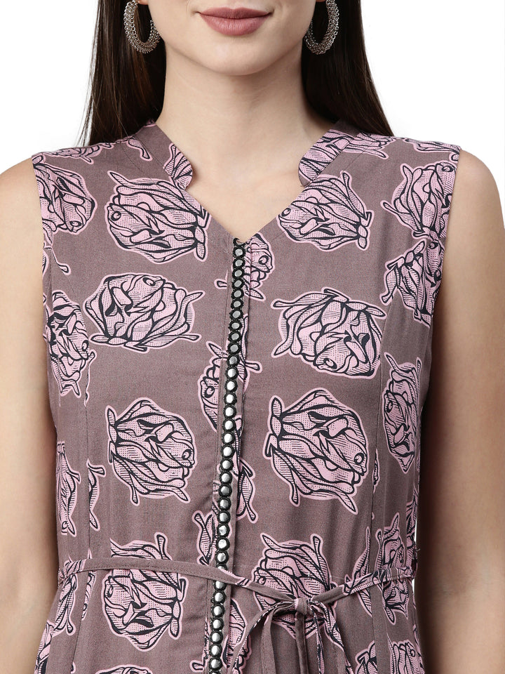 Neerus Grey rayon floral printed A-line kurti - back view