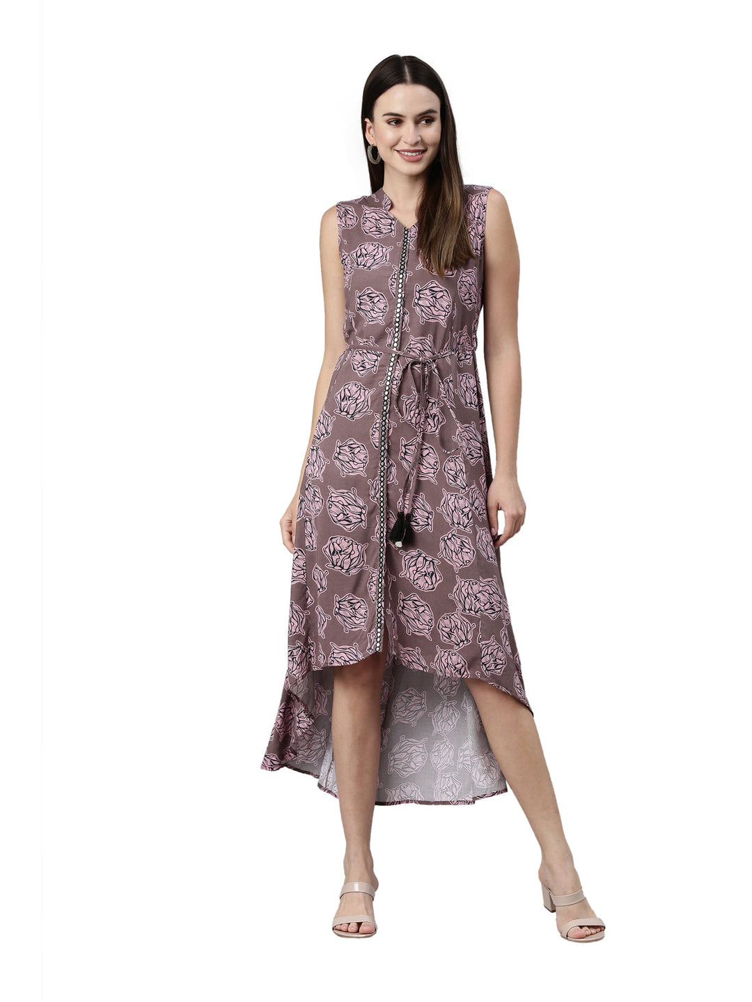 Neerus Grey rayon floral printed A-line kurti - detail view 3
