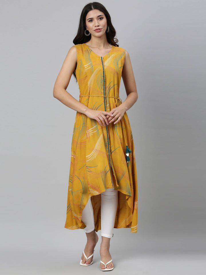 Neerus Yellow rayon printed A-line kurta - detail view 4