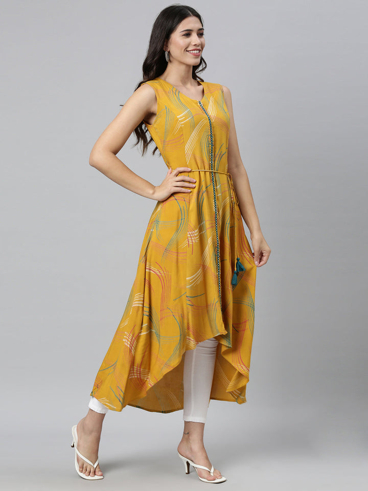 Neerus Yellow rayon printed A-line kurta - front view