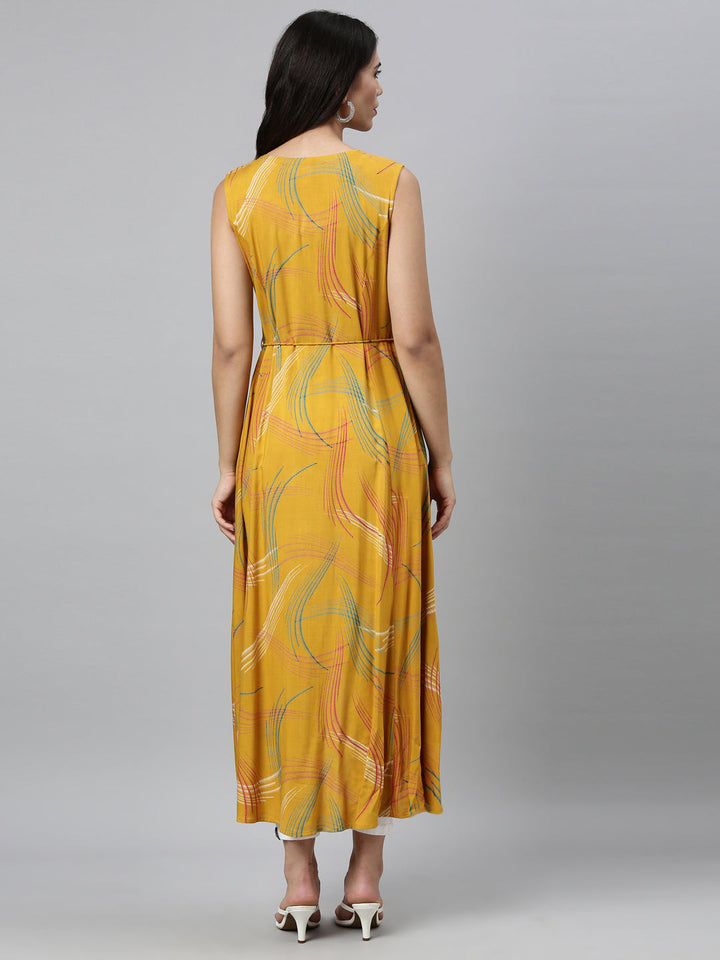 Neerus Yellow rayon printed A-line kurta - back view