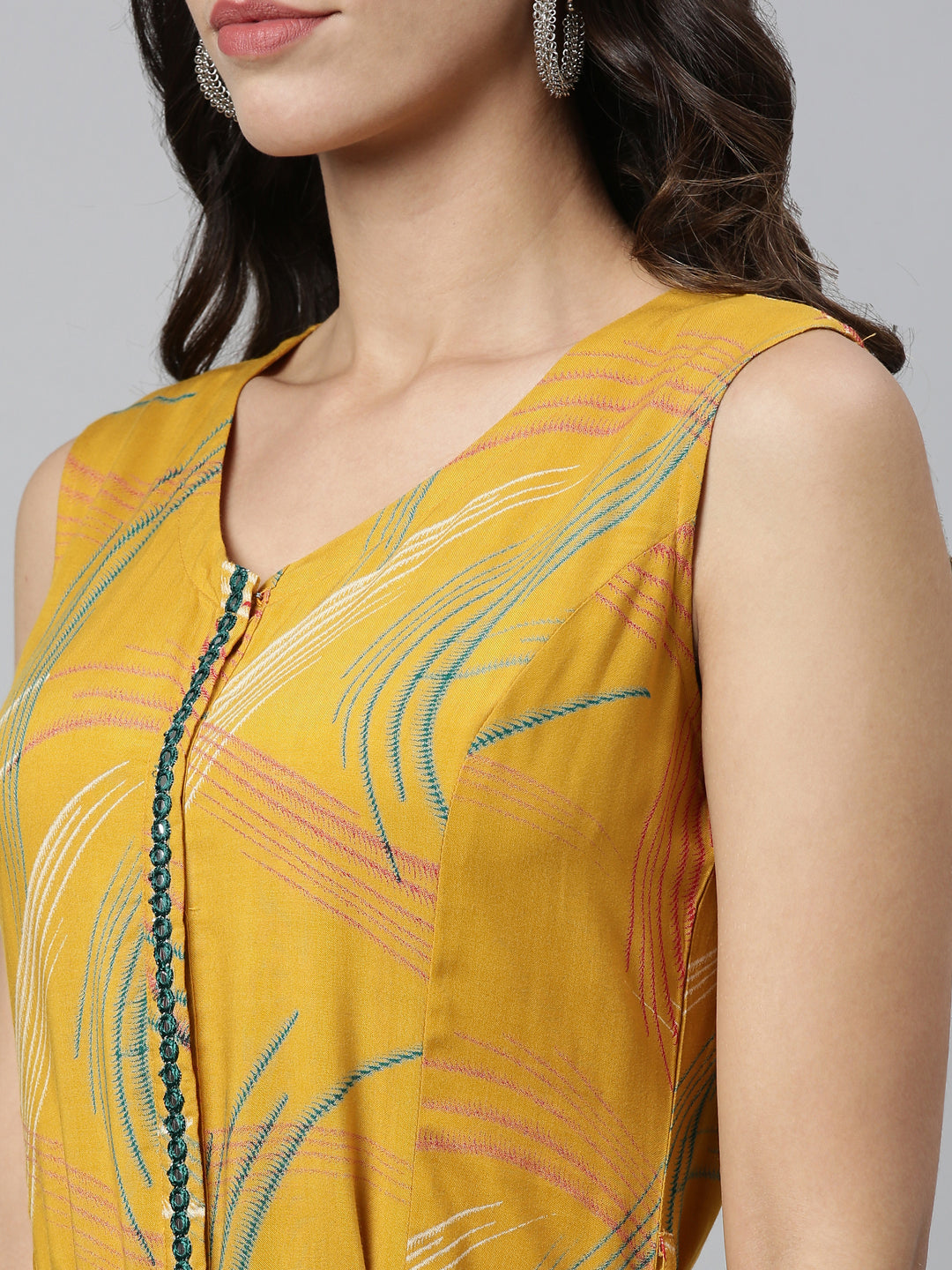Neerus Yellow rayon printed A-line kurta - side view