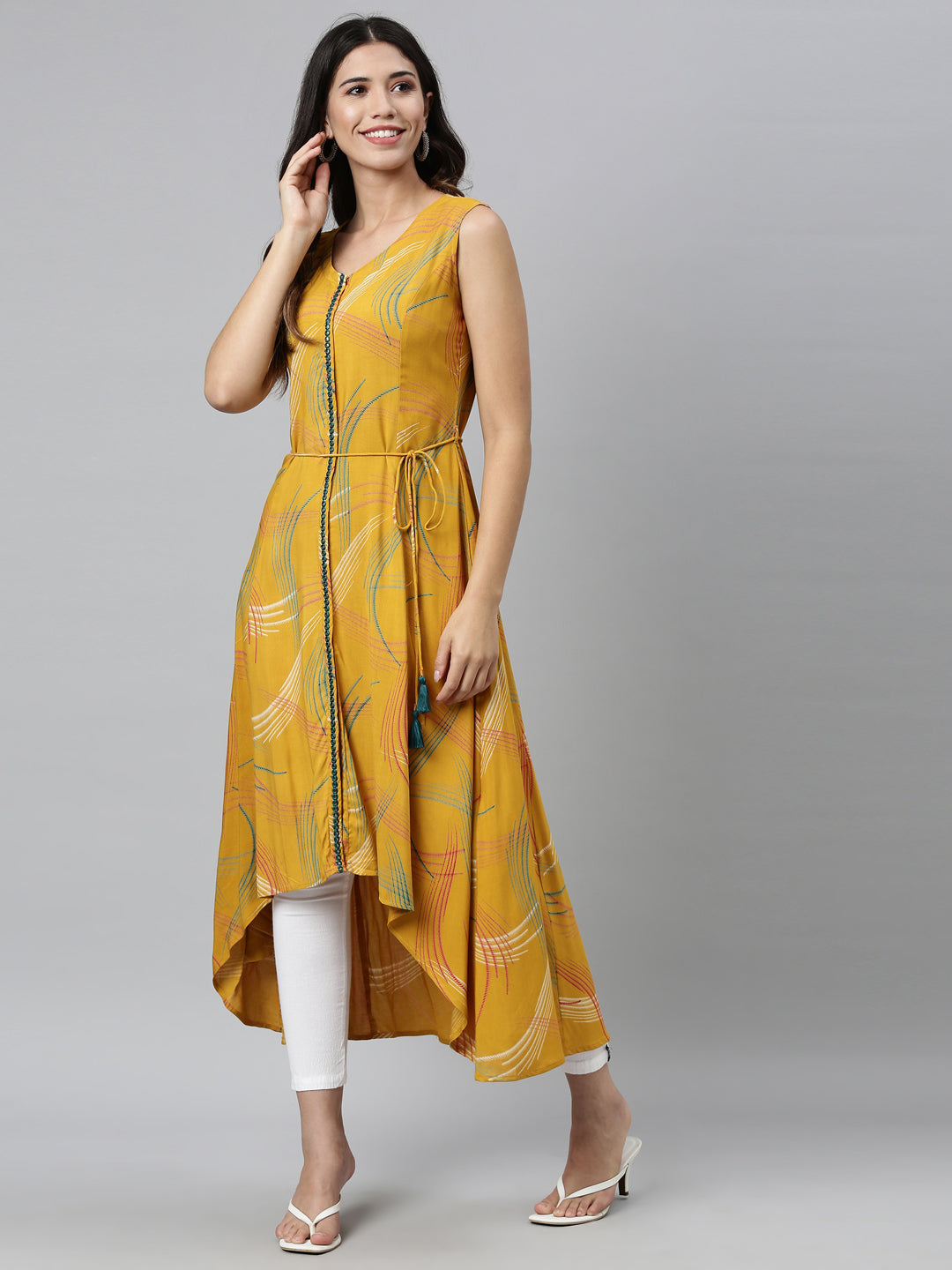 Neerus Yellow rayon printed A-line kurta - detail view 1