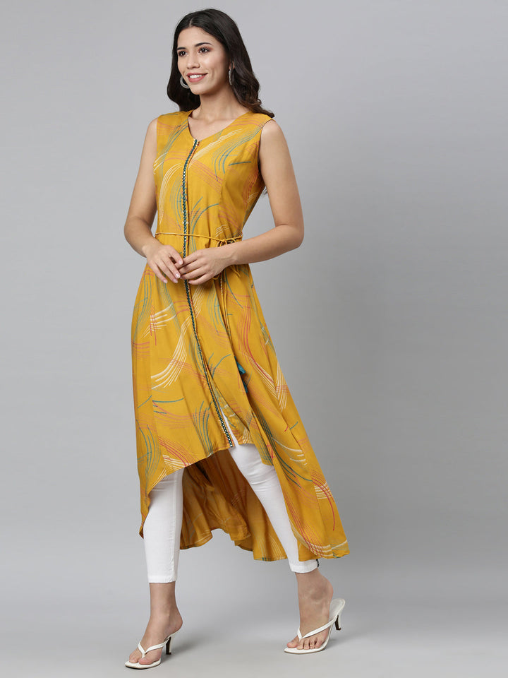 Neerus Yellow rayon printed A-line kurta - detail view 2