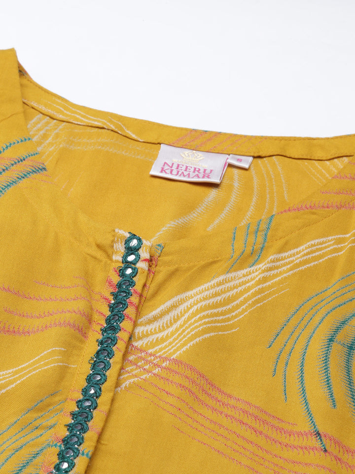 Neerus Yellow rayon printed A-line kurta - detail view 3
