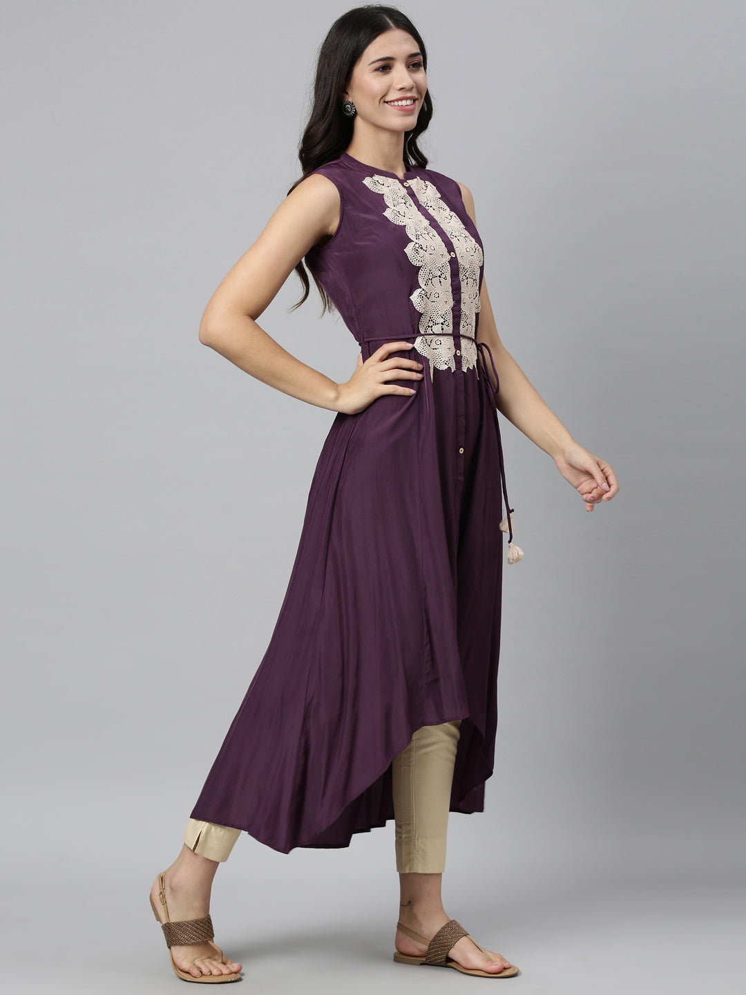 Neerus Purple muslin embellished A-line kurti - front view