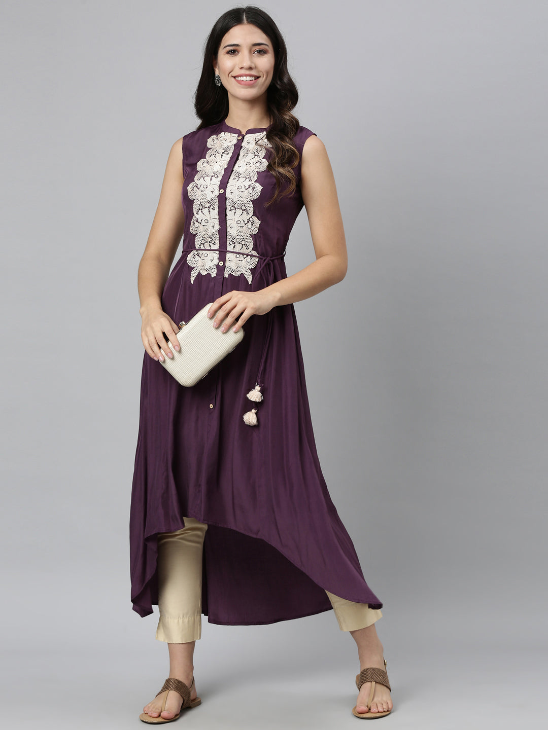 Neerus Purple muslin embellished A-line kurti - detail view 1