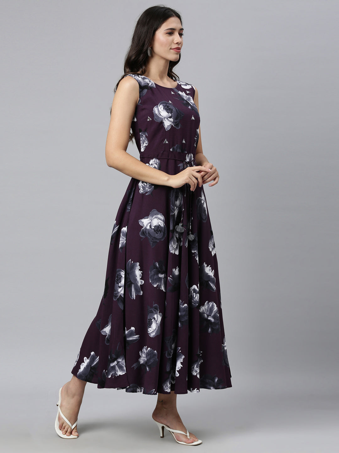 Neerus Purple rayon printed kurti A-line silhouette - front view