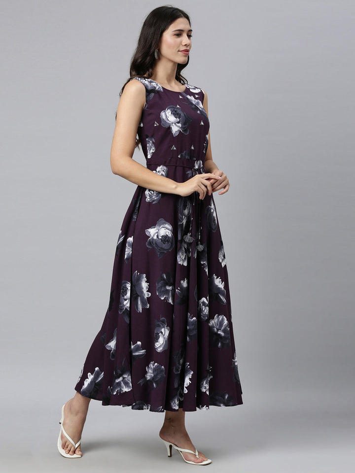 Neerus Purple rayon printed kurti A-line silhouette - front view