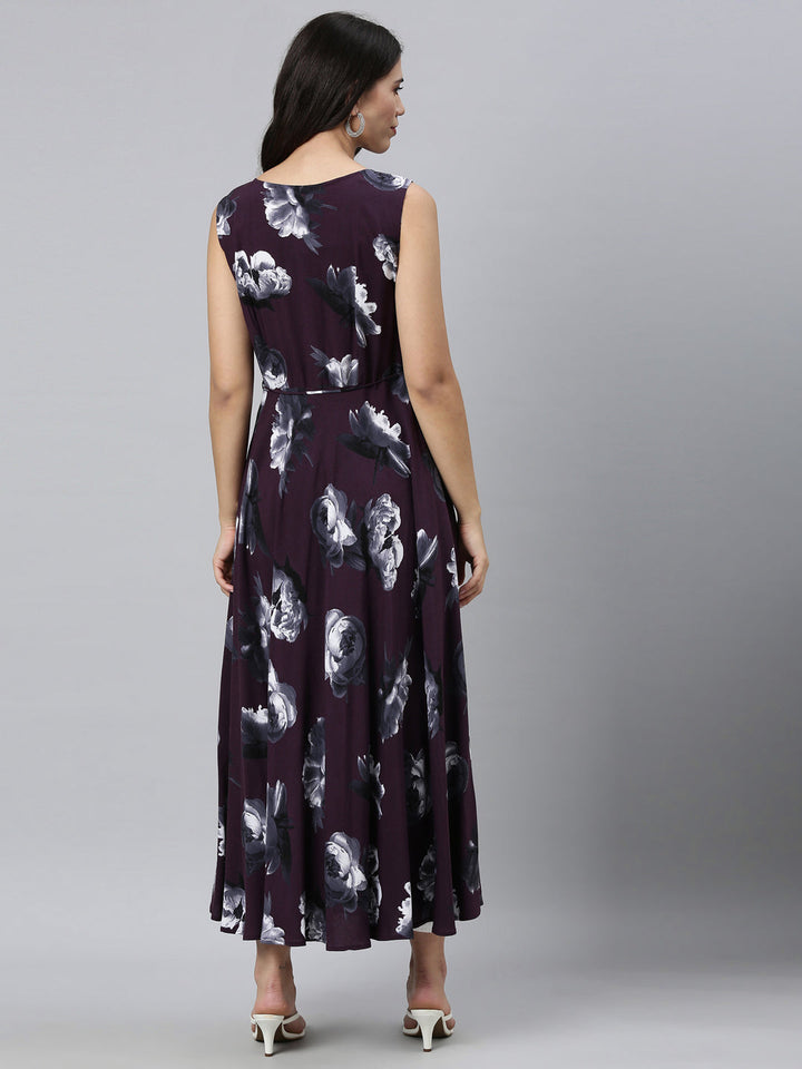 Neerus Purple rayon printed kurti A-line silhouette - back view
