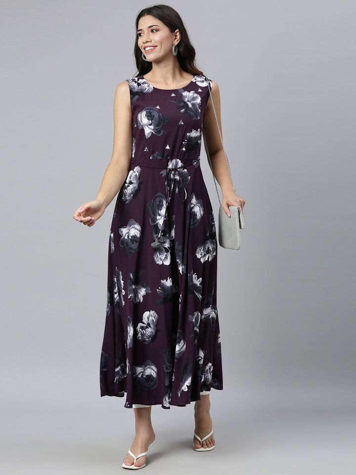 Neerus Purple rayon printed kurti A-line silhouette - detail view 1