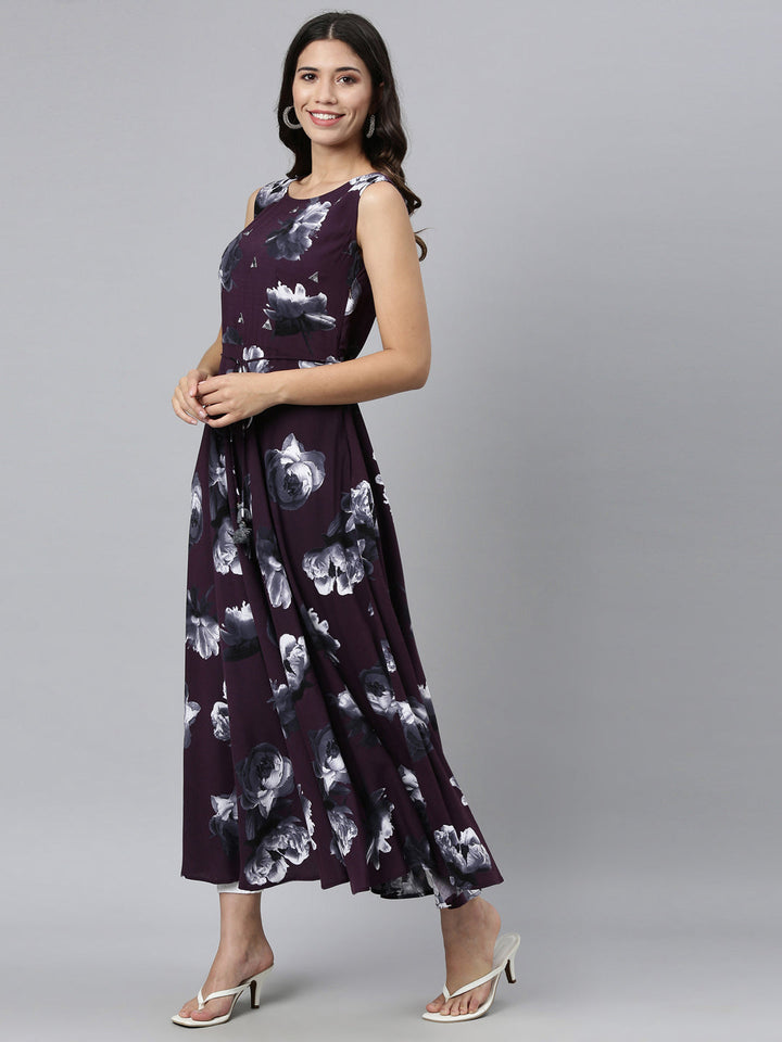 Neerus Purple rayon printed kurti A-line silhouette - detail view 2