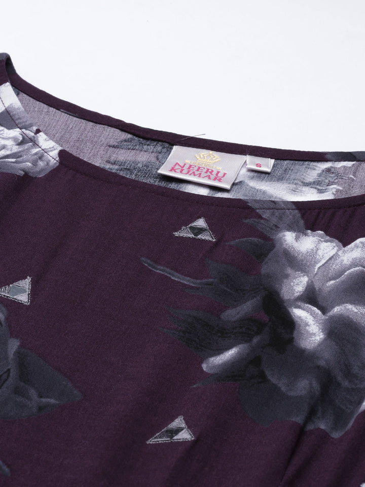 Neerus Purple rayon printed kurti A-line silhouette - detail view 3