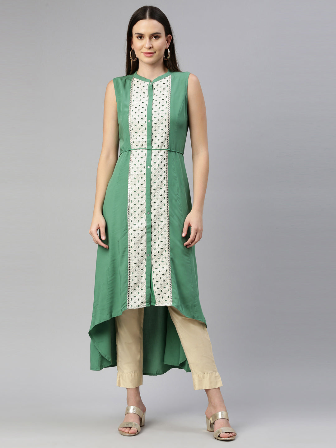 Neerus Green viscose rayon thread embroidered kurti - front view