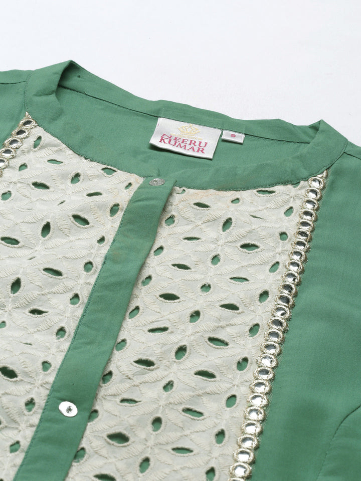 Neerus Green viscose rayon thread embroidered kurti - back view