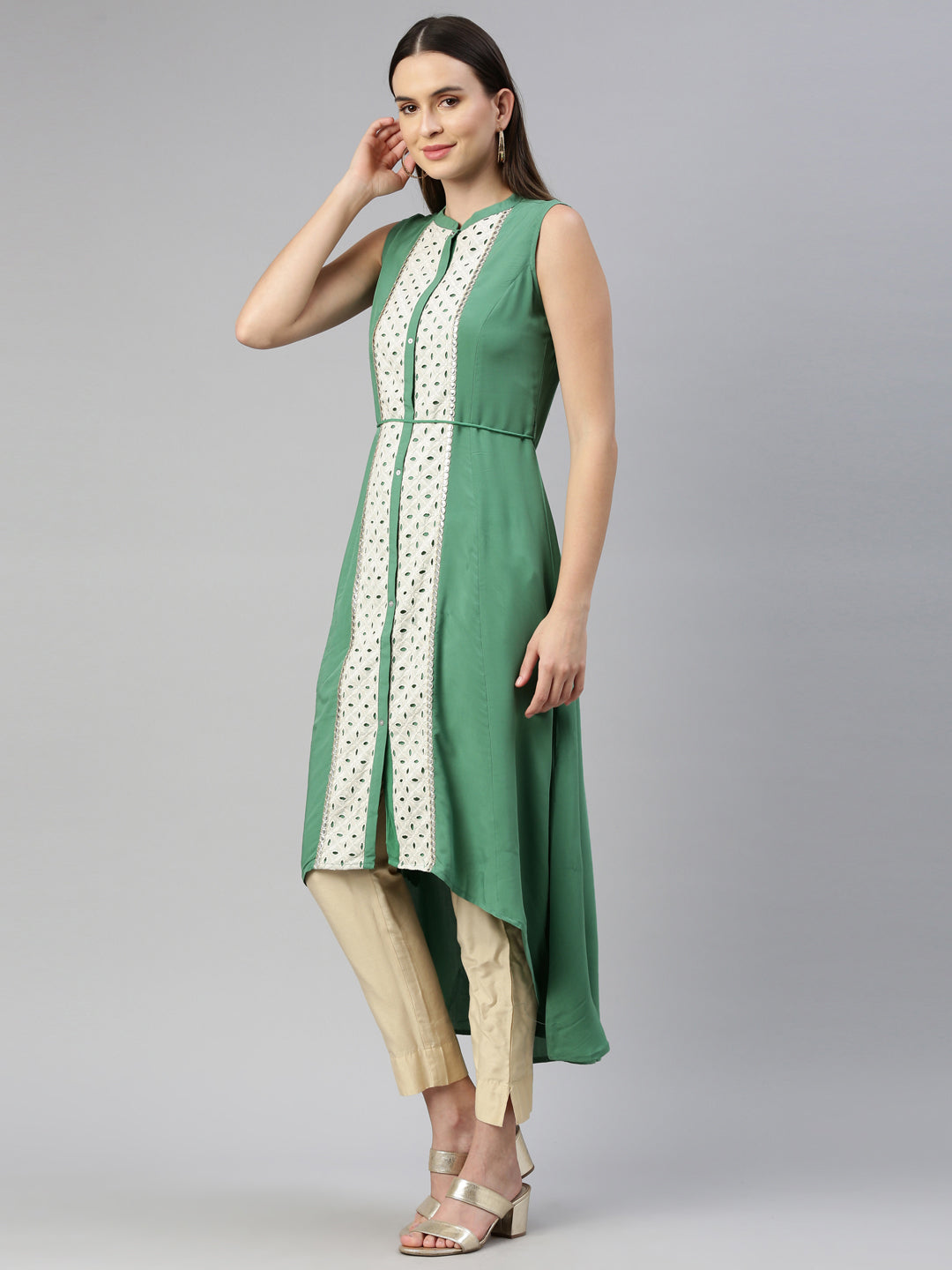 Neerus Green viscose rayon thread embroidered kurti - side view