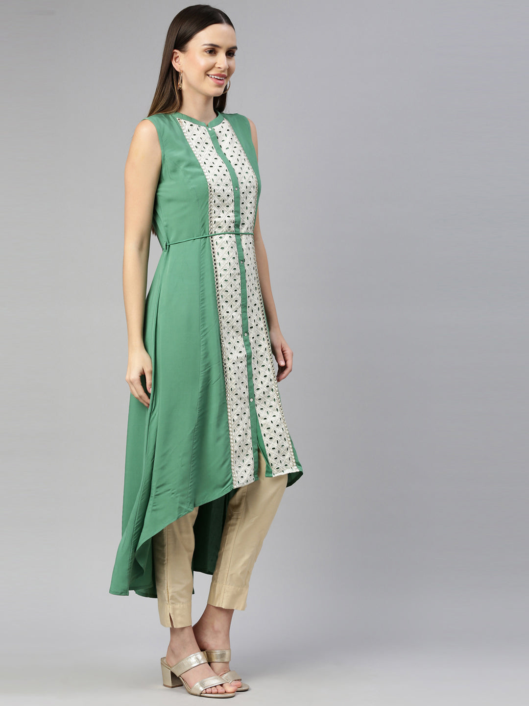 Neerus Green viscose rayon thread embroidered kurti - detail view 1