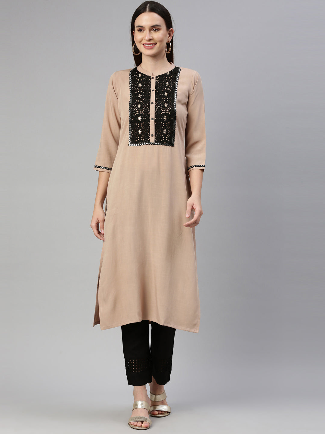 Neerus Beige viscose rayon embellished kurti - front view