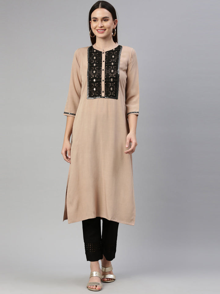 Neerus Beige viscose rayon embellished kurti - detail view 7