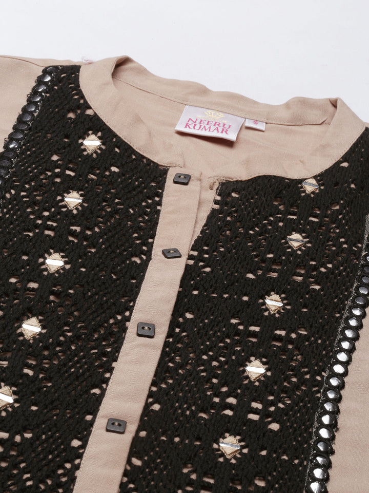 Neerus Beige viscose rayon embellished kurti - back view