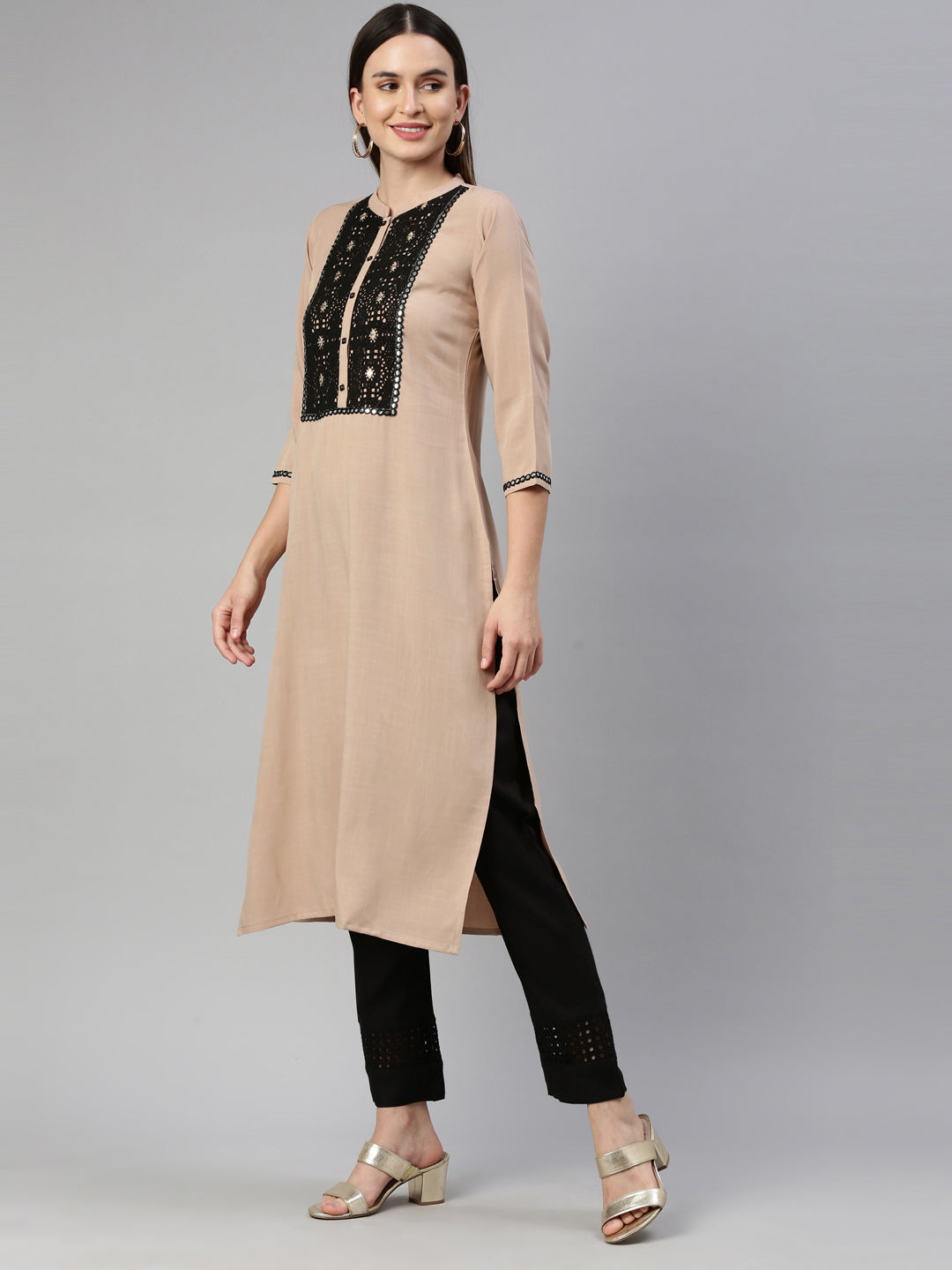 Neerus Beige viscose rayon embellished kurti - side view
