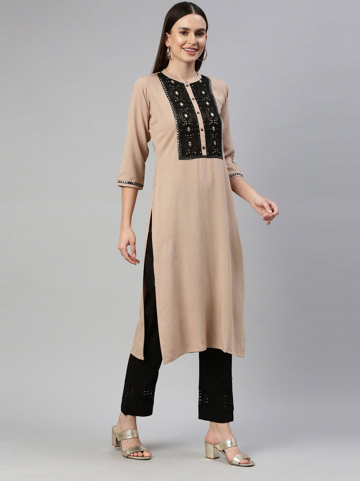 Neerus Beige viscose rayon embellished kurti - detail view 1