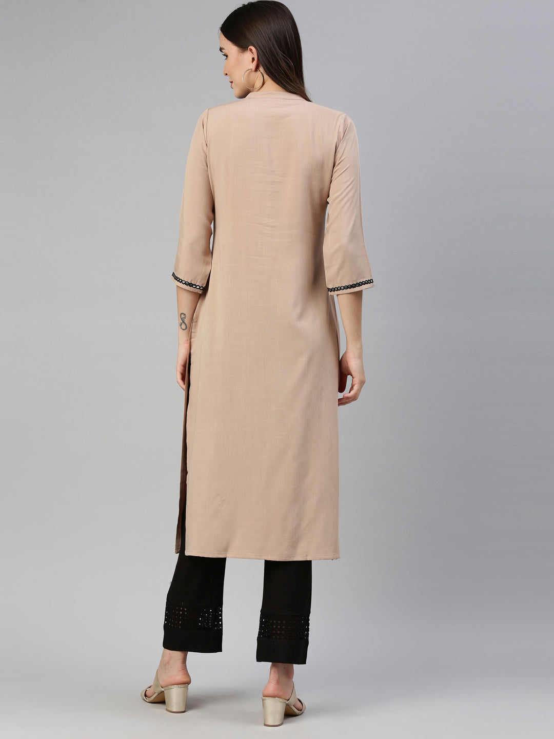 Neerus Beige viscose rayon embellished kurti - detail view 2