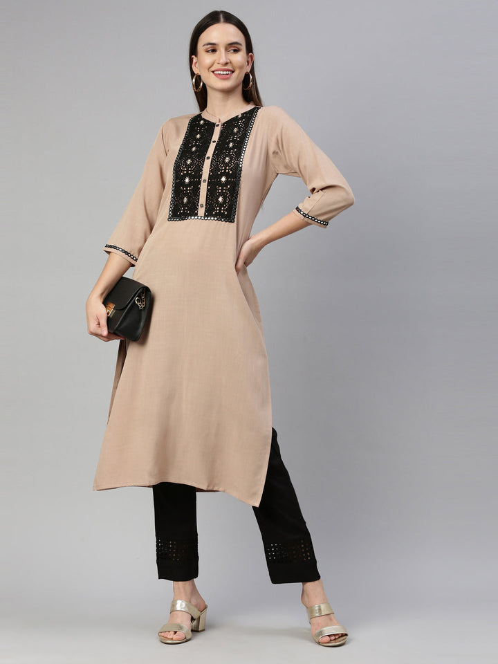 Neerus Beige viscose rayon embellished kurti - detail view 3
