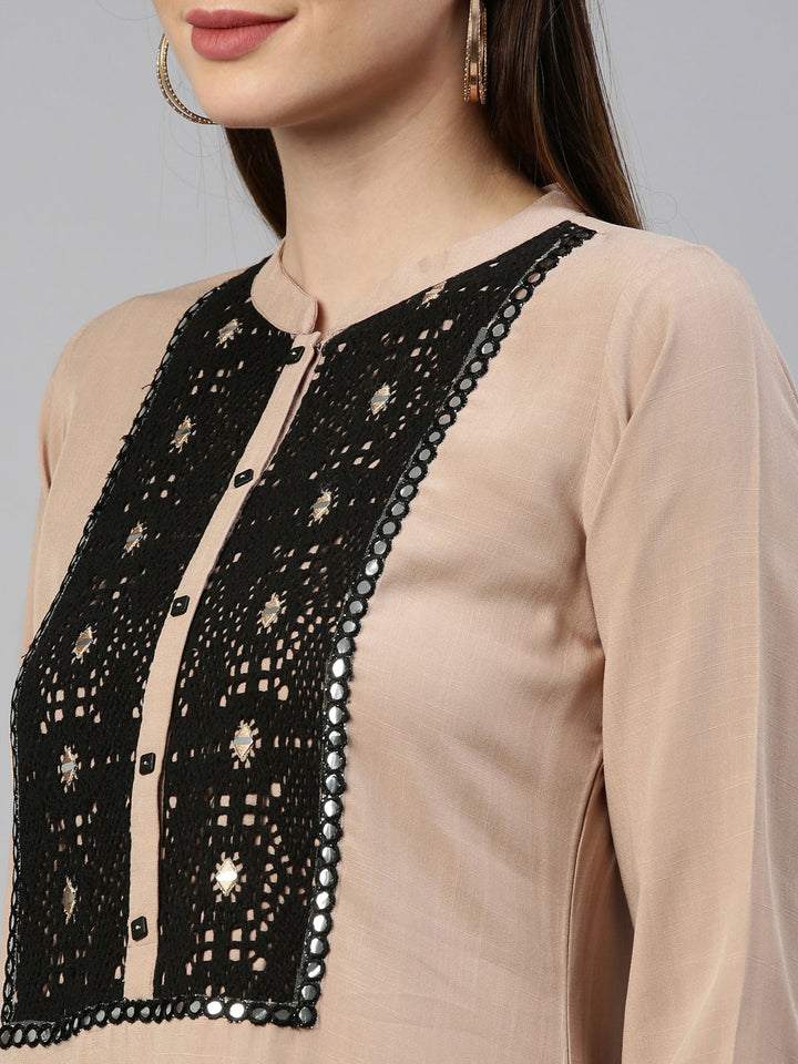 Neerus Beige viscose rayon embellished kurti - detail view 5