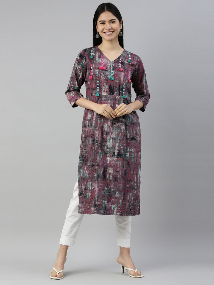 Neerus Purple rayon straight kurta - detail view 6
